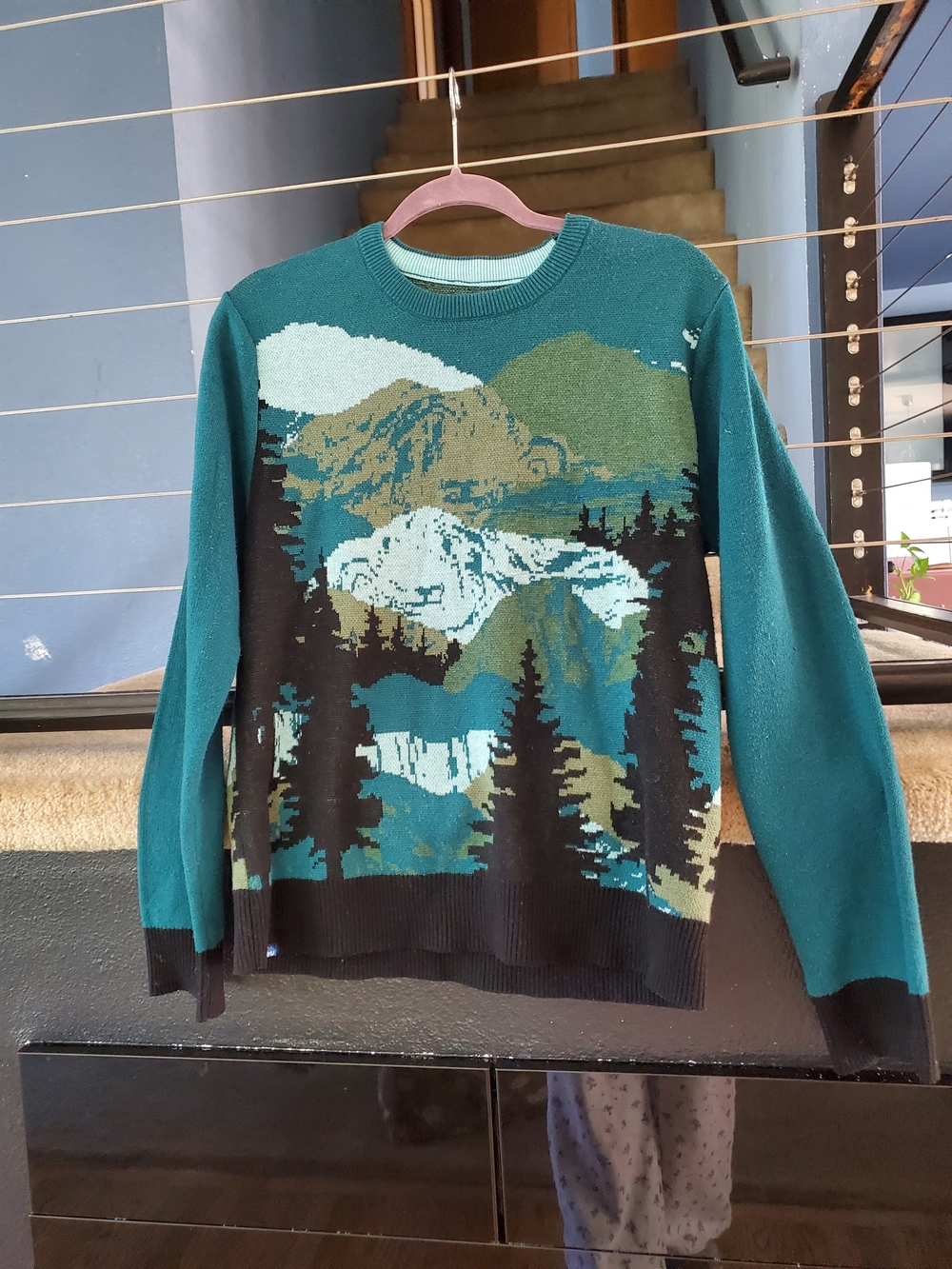 Kavu Teal Mountain Scene Jacquard Crewneck Sweater